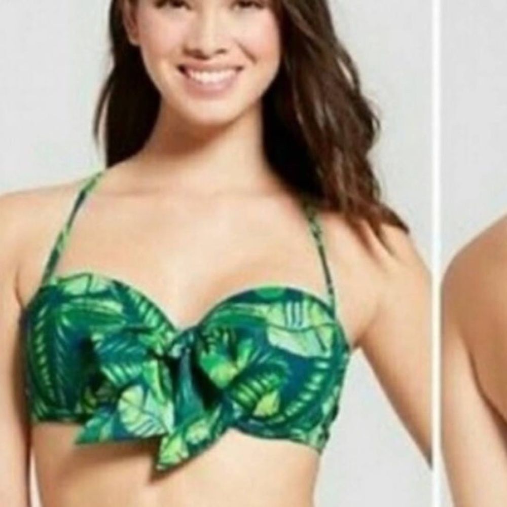 Shade & Shore Green Tropical Leaf Bow Criss-Cross Adj Underwire Bikini Top 34B
